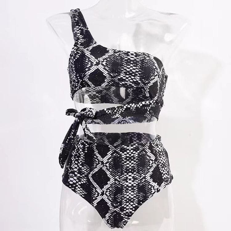 One Shoulder Sexy Split Black and White Strappy Backless Bikini Swimsuit Wholesale for Women