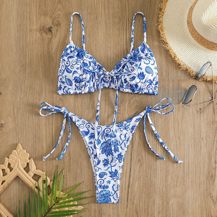 Wholesale Blue and White Porcelain Beach Triangle Split Floral Lace up Swimwear Beachwear for Women