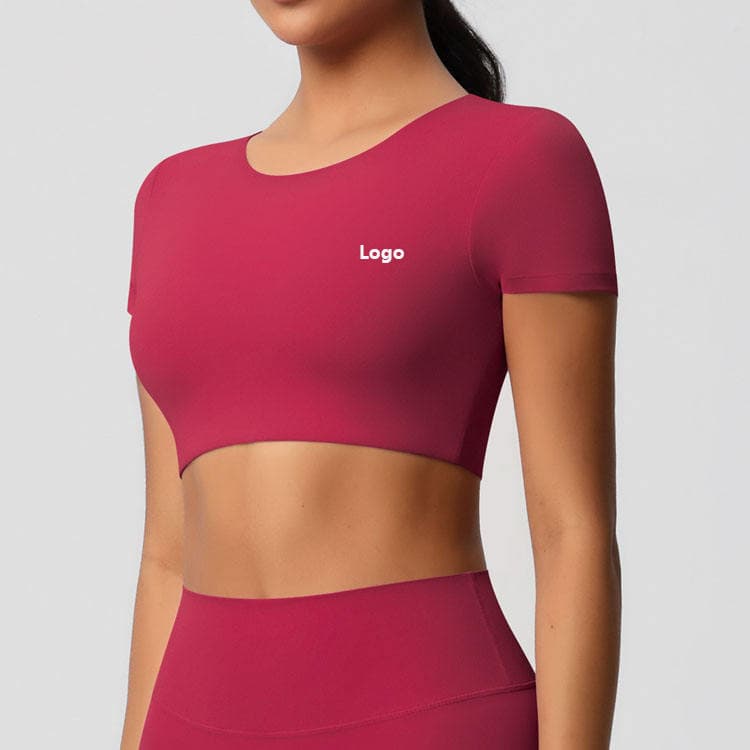 80 Nylon 20 Spandex Brushed Compression Running Top Breathable Short Sleeve Yoga Crop Top