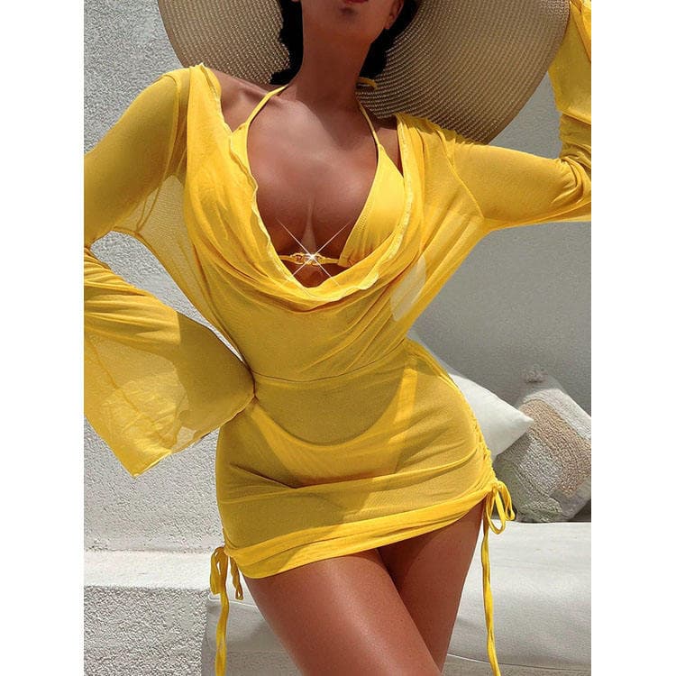 2024 New Solid Color Mesh Halterneck Strappy Backless Cover up Bikini Three Piece Swimsuit