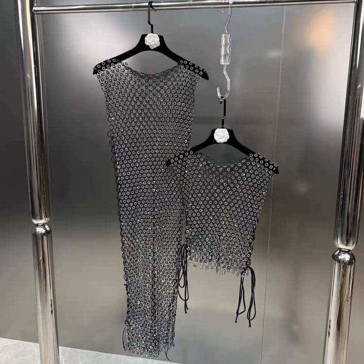 Summer 2022 Round Neck Sleeveless Bright Diamond Hollow Mesh Perspective Tank Top
