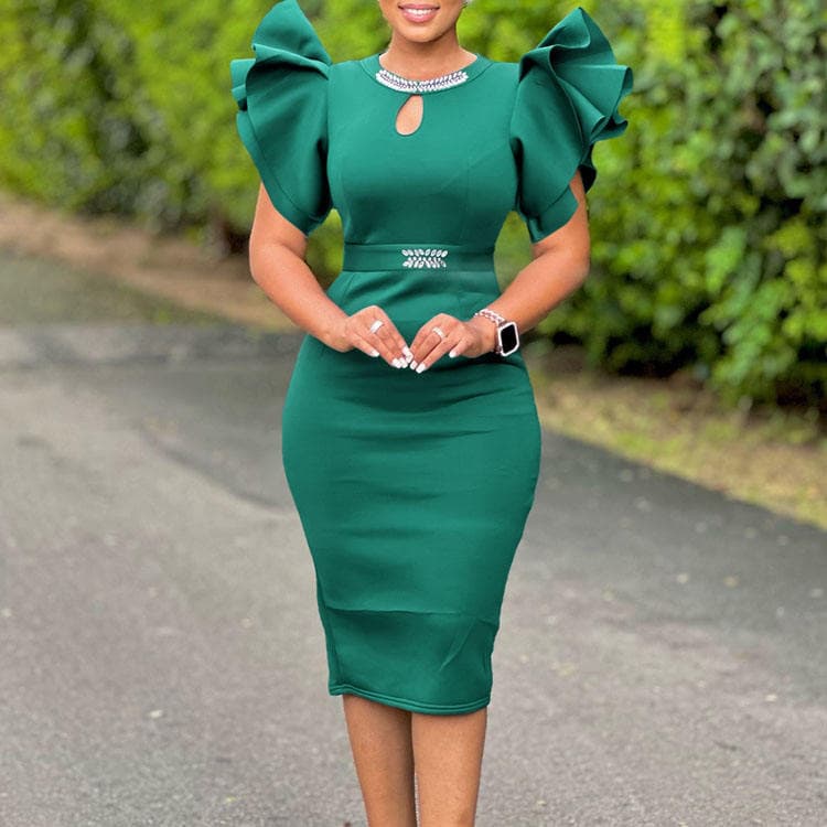 Wenshuo Elegant Evening Gown Private Label Ruffled Bodycon Dress Custom logo Diamond Midi Dress Manufacturer