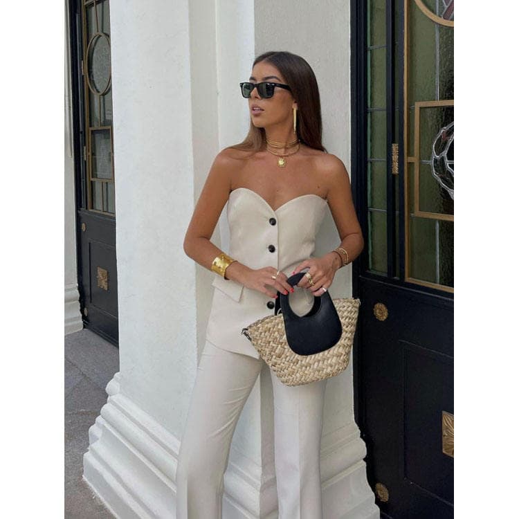 Casual Set 2024 New Fashion Smocked Small Undershirt Leg Open Straight Pants Women Two Piece Sets