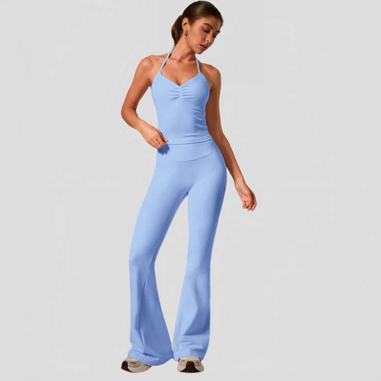 90 Nylon 10 Spandex Seamless Workout Set Halter Top and Flare Pants 2 Piece Yoga Set