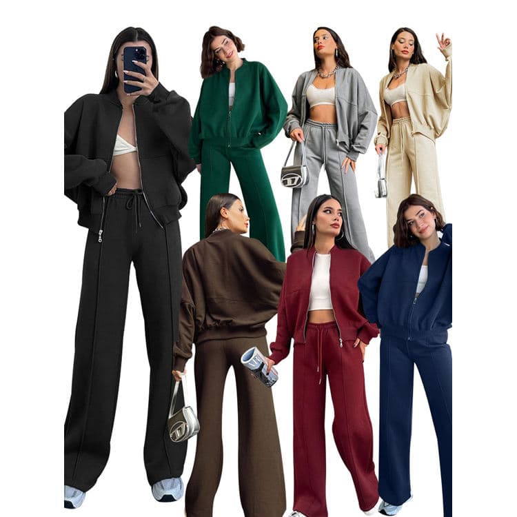 New Solid Color Zipper Cardigan Set Sweatshirt Women Fashion Casual Straight Pants Set