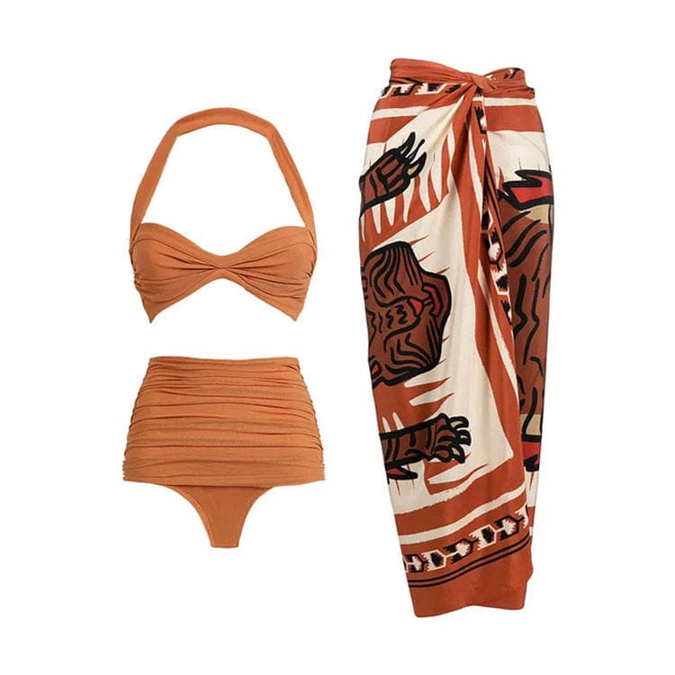 2024 New Sloped Shoulder High Waist Bikini Vacation Beach Swimwear Swimsuit for Women 3 piece set