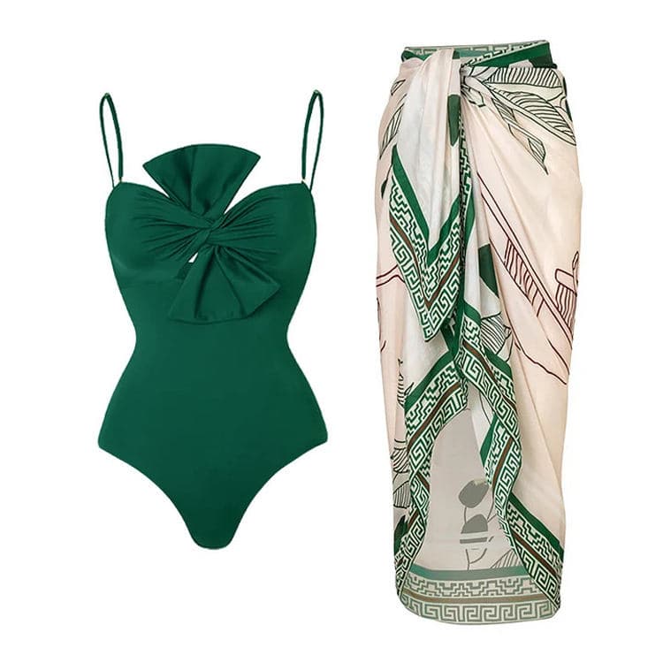 2023 New Hot Style Bow Tie Sexy Solid Color One Piece Skirt Swimsuit for Summer Women