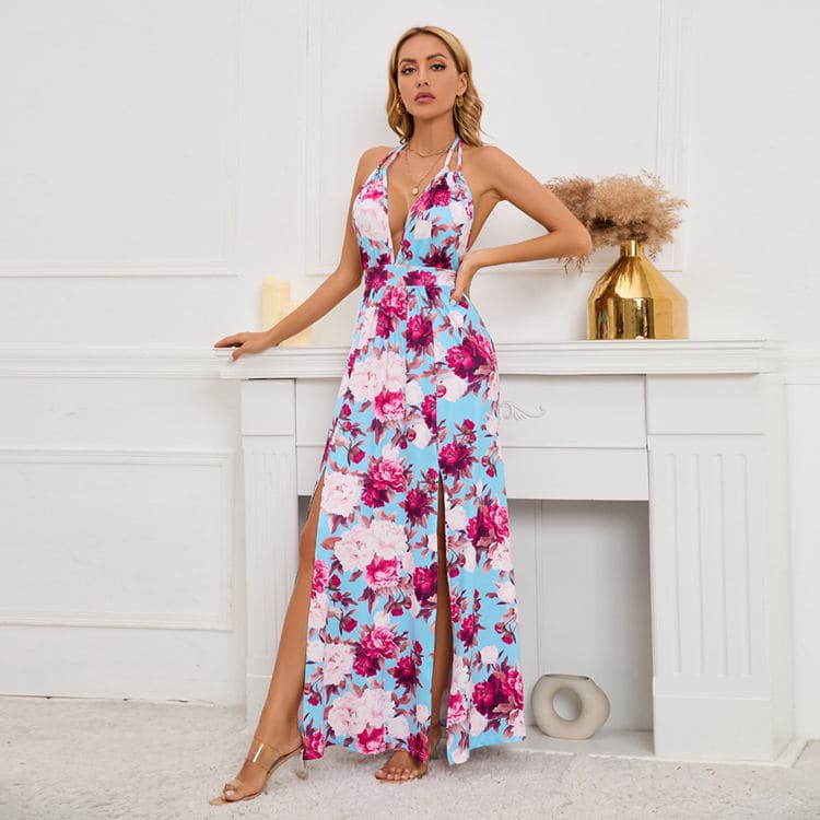 Large Size Womens Sexy Deep V-neck Dress Summer Hem Slit Print Skirt