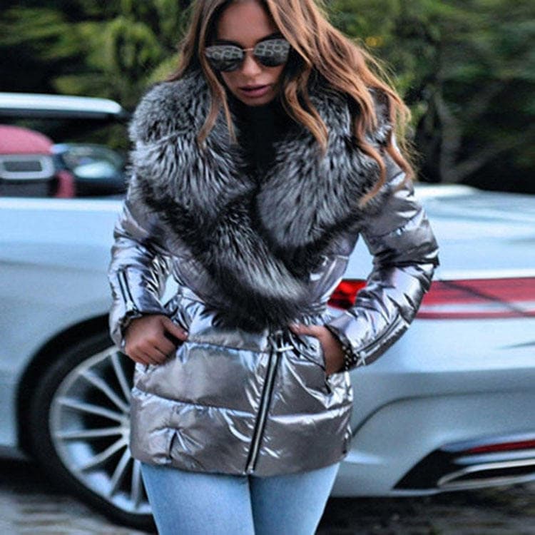 Bright Face Large Fur Collar Down Jacket Lace up Short Long Sleeved Cotton Padded Jacket Women