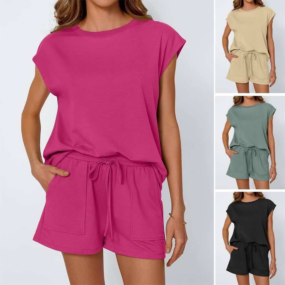 Wenshuo Simple Women Suit Set Wholesale Casual Sleeveless Top Custom logo Drawstring Shorts Factory Direct