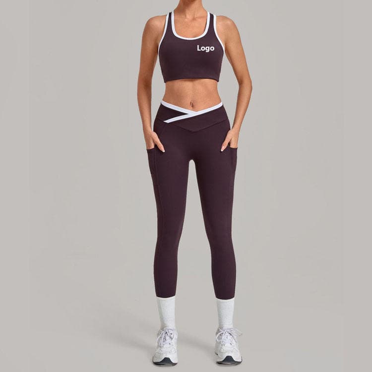 78 Nylon 22 Spandex Custom Logo Activewear Block Color Top and Cross Waist Legging Women 2 Piece Yoga Set