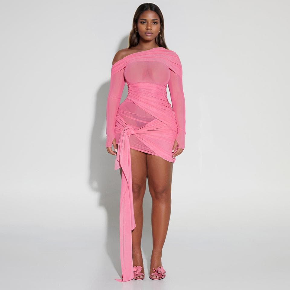 Fashion Bandage Short Skirt Manufacturer Mesh Long Sleeve Dress Wholesale Pure Color Soft Dress Factory Directly