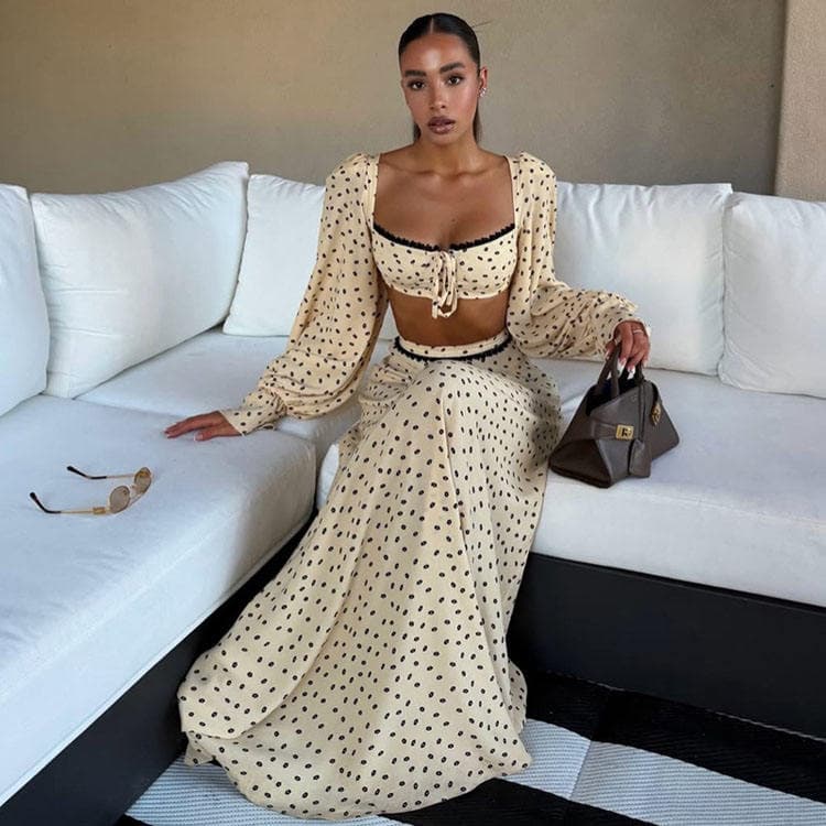 Wenshuo Vacation Set Polka Dot square Neck Long Lantern Sleeve Top and a Full Sweep Maxi Skirt Women Daily Set