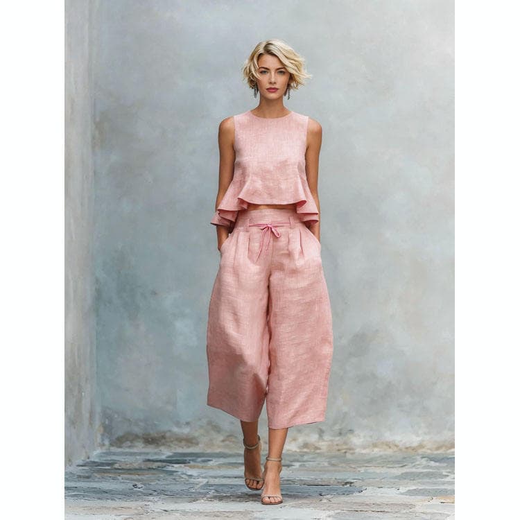 Wenshuo Solid Color Suit Wholesale Sleeveless Ruffles Top Custom logo Loose Trousers Factory Direct