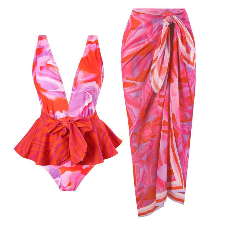 2025 Hot New One-piece Swimsuit Pink Deep V Chiffon Skirt Swimsuit Set