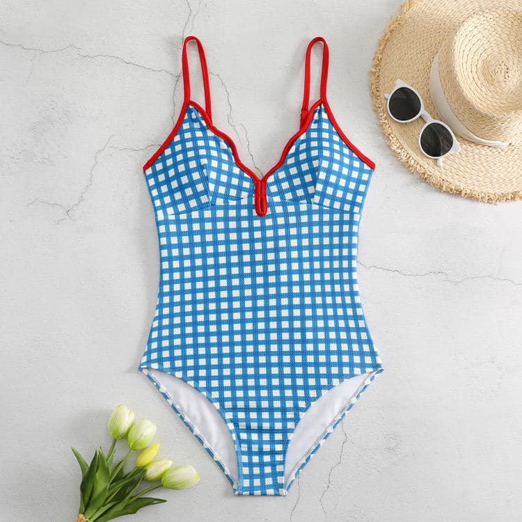 Summer Loli Girl Blue Plaid Halter Sexy One Piece Bikini Fresh Backless Thin Spa Swimsuit for Woman
