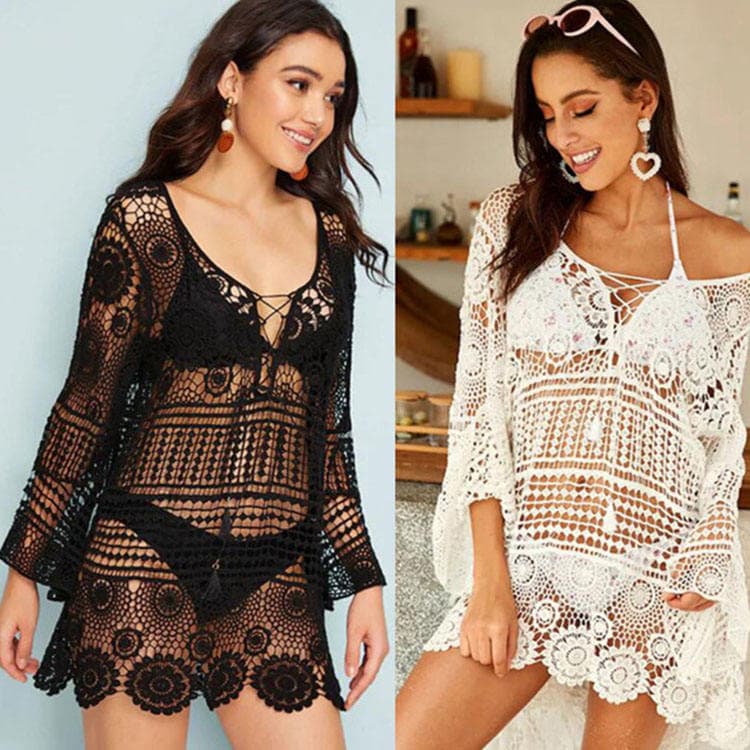New Sexy Loose Solid Color Long Sleeve Beach Tunic Dress Women Bikini Cover up Sun Protection Top