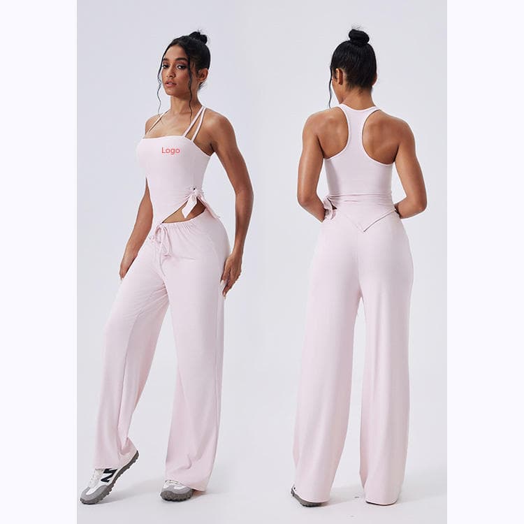 80 Nylon 20 Spandex Workout Set Plain Color Tank Top and Straight Pants Women 2 Piece Yoga Sets