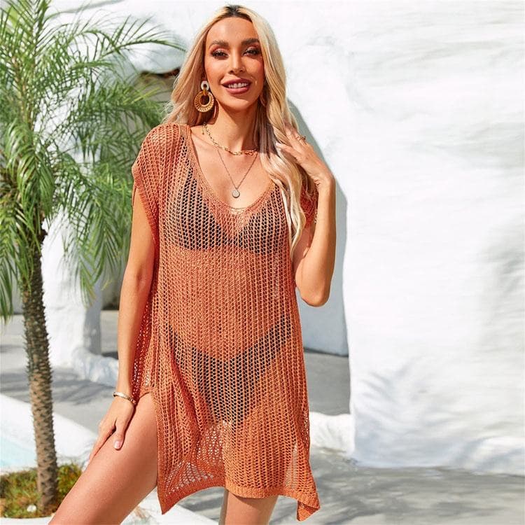New V-neck Knitted Cover up Beach Skirt Solid Color Hollow Bikini Cover Ups Women