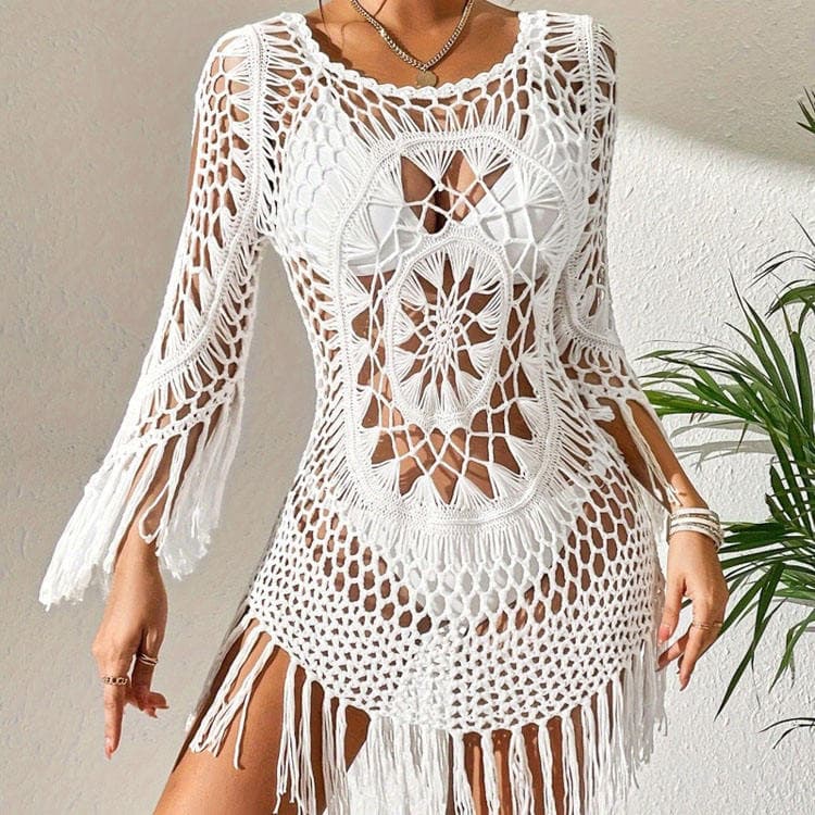 Wenshuo Tassel Knit Mini Dress Wholesale Hollow Beach Dress Custom logo Solid Color Dress Factory Directly