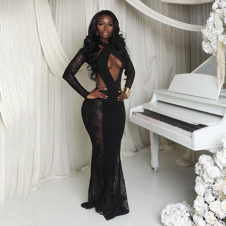 Wenshuo Sheer Lace Maxi Dress Wholesale Sexy Design Dress Custom logo Solid Color Dress Factory Directly