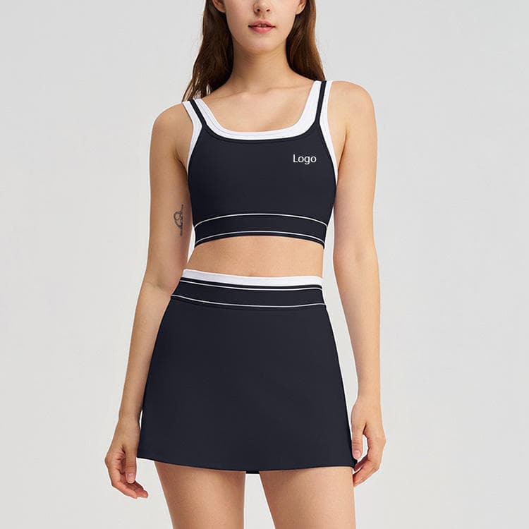 White Striped Tank Top and Tennis Skirt with Pocket 2 Piece Yoga Set
