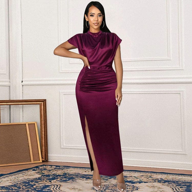 Wenshuo S-4XL Ruched Party Dress Wholesale Solid Color Dress Custom logo Slit Evening Dress Private Label