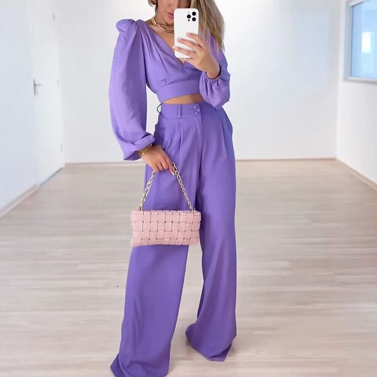 2023 Summer New Design Women Clothing Casual Solid Color V Neck High Waist Pants Suit