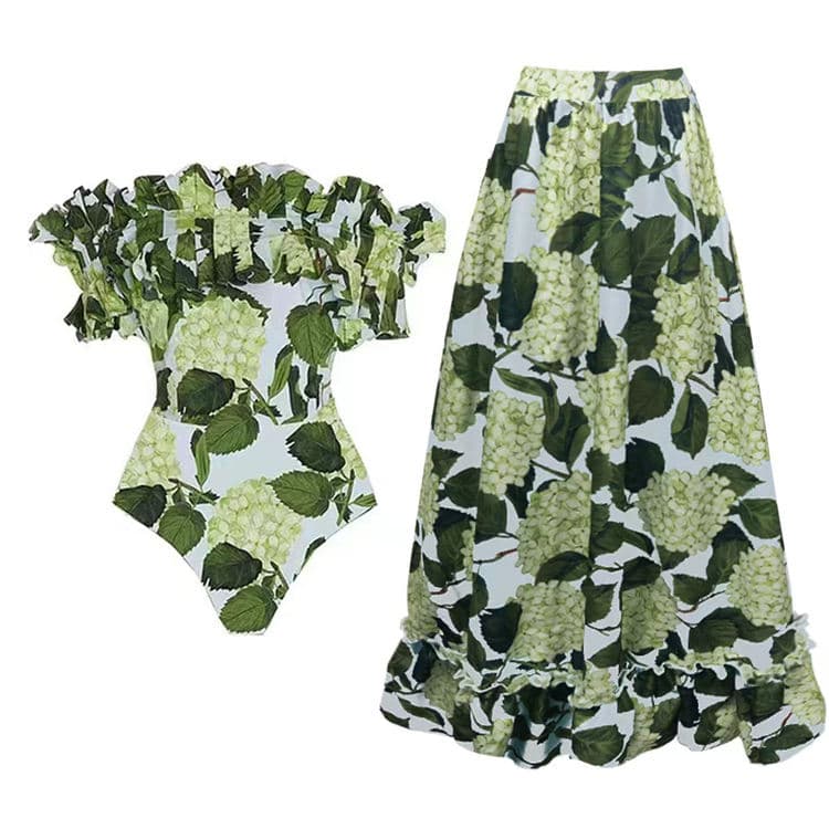 Ruffle Plunge Hydrangea One-piece Swimsuit Set Sexy 2024 New Style Swimwear 2 Piece Cover Dress Beach Wear