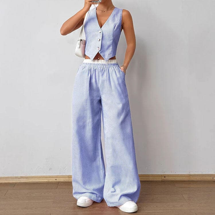 Wenshuo Sleeveless Cropped Vest Wholesale Elastic Waist Trousers Custom logo Casual Striped Suit Factory Direct