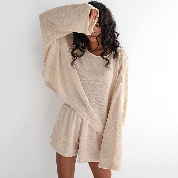 Autumn New Long Sleeve Cotton Hemp Pajamas Two Piece Set Loose Shorts Fashion Women's Pajamas