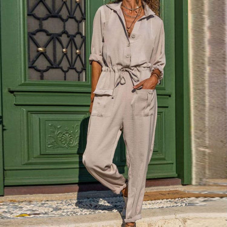 Autumn New Style Suit Fashion Simple Bodysuit Pocket Lace up Solid Pants Shirt Bodysuit