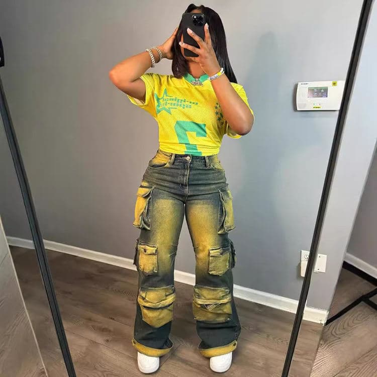 New Straight Leg Jeans Fashionable Trend Jeans Multi Pocket High Waisted Work Pants