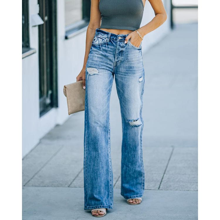 Autumn Street Fashion Straight Leg Pants Women's Ripped Jeans Plus Size Jeans
