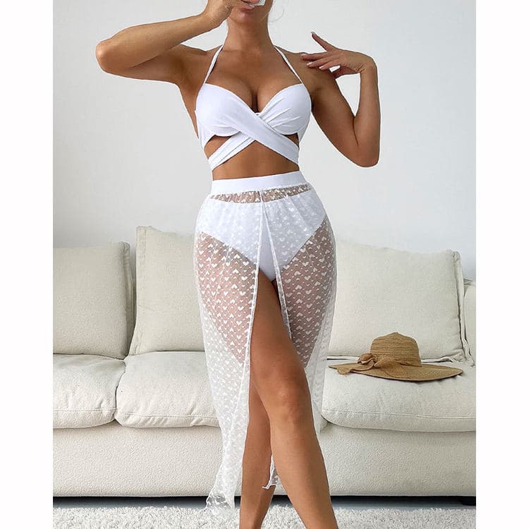 2023 New Swimwear Women's Fashion Three Piece Bikini Long Dress Mesh Beach Swimwear