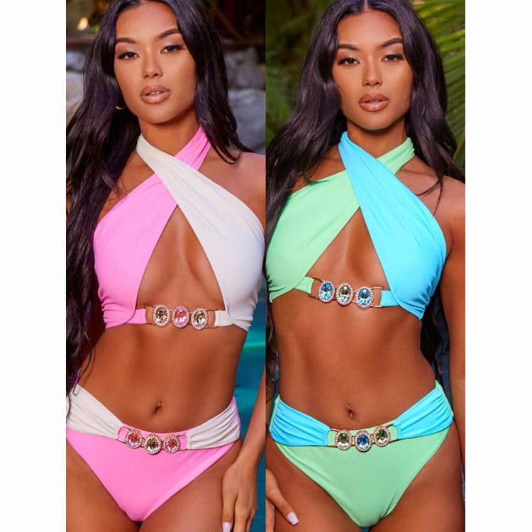 Color Matching Rhinestone Swimsuit New Arrival Halter Sexy Bathing Suit Retro Diamond 2 Pcs Bikini Set