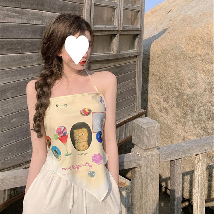 Cute Halter Neck Sexy Camisole Goose Yellow Small Fresh Style Summer Light Top for Women