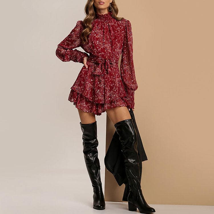 2023 New Ladies Elegant Floral Dress Sexy Long Sleeve Vintage Mini Dress Ruffled Crew Collar Casual Dress