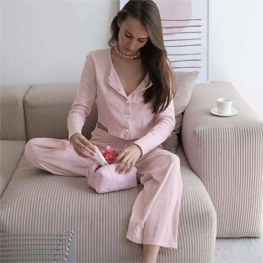Button Long Sleeved Pajamas Manufacturer Vertical Stripes Pajamas Set Wholesale Straight Leg Trousers Factory Directly