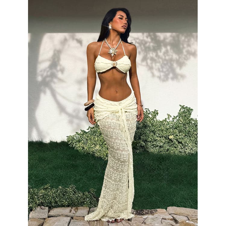 New Lace Three Piece Beach Bikini Set Beige Halter Neck Bikini Fishtail Maxi Skirt Wholesale Vacation Swimwear