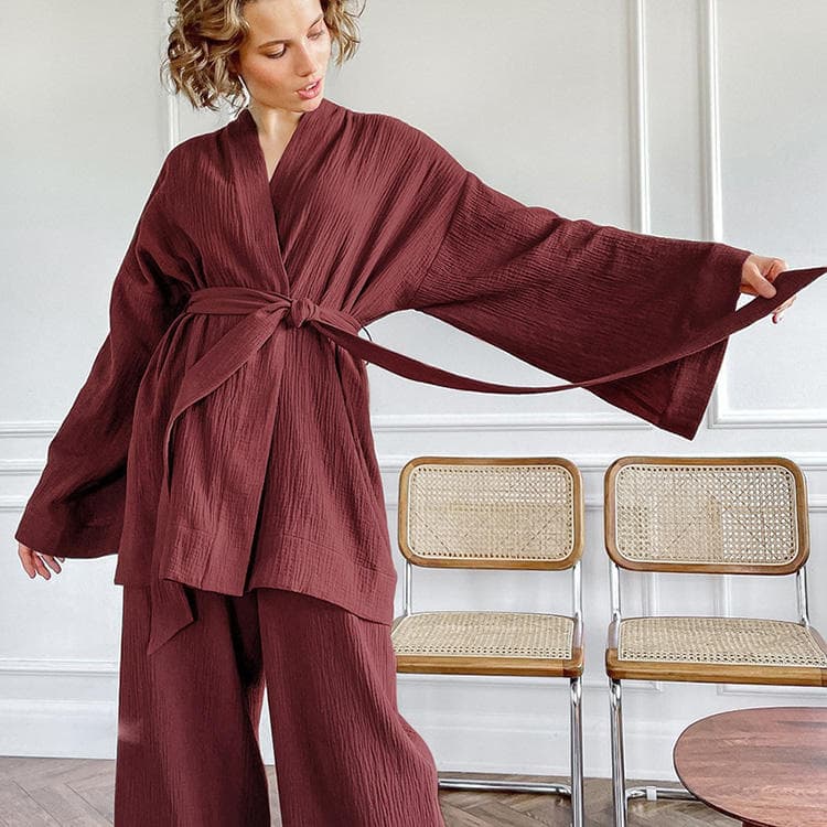 2023 Autumn Long Sleeve Loose Pants Crepe Solid Color Nightgown Home Sweat Steaming Clothing for Women