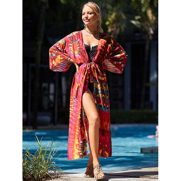Rayon Fabric Rose Red Vacation Beach Cover up Belt Sunscreen Tunic