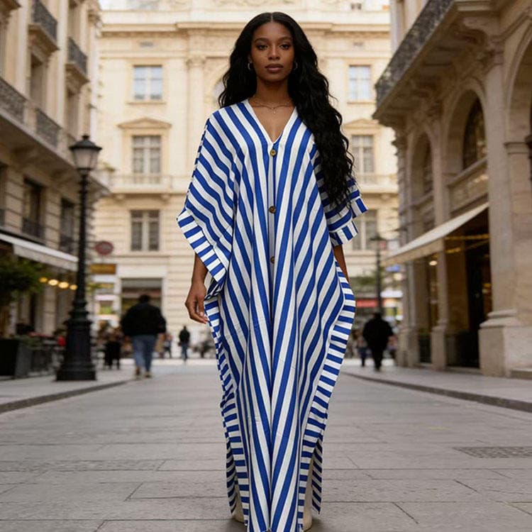 Wenshuo Striped Loose Dress Wholesale V Neck Maxi Dress Custom logo Casual Split Dress Factory Directly