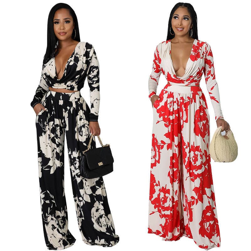 Sexy Women Suits Wholesale Loose Straight Trousers Factory Directly Printed Long Sleeve Deep V Neck Set