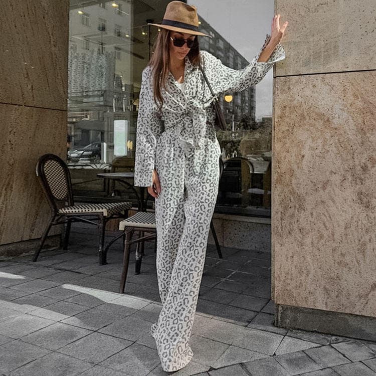 2024 New Cotton and Linen Leopard Print Street Style Design Women Casual Two Piece Set