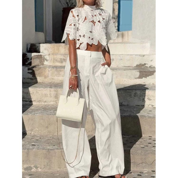 Wenshuo Hollow Crop Top Wholesale Solid Color Trousers Custom logo Stylish Women Set Factory Directly