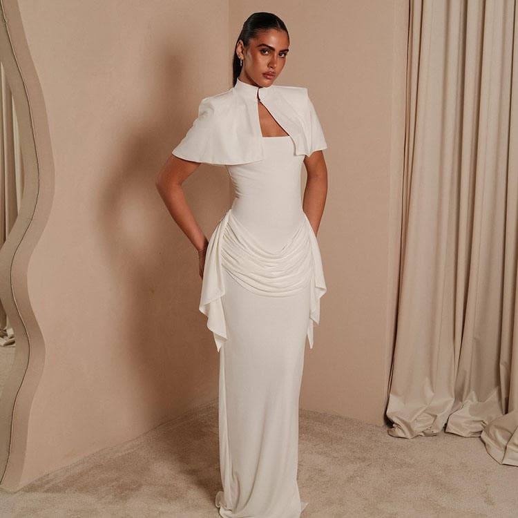 Wenshuo 2027 Casual Dress with Shawl Elegant Low Cut Halter Dress Slim Fit Slit Long Ruffled Women Dress