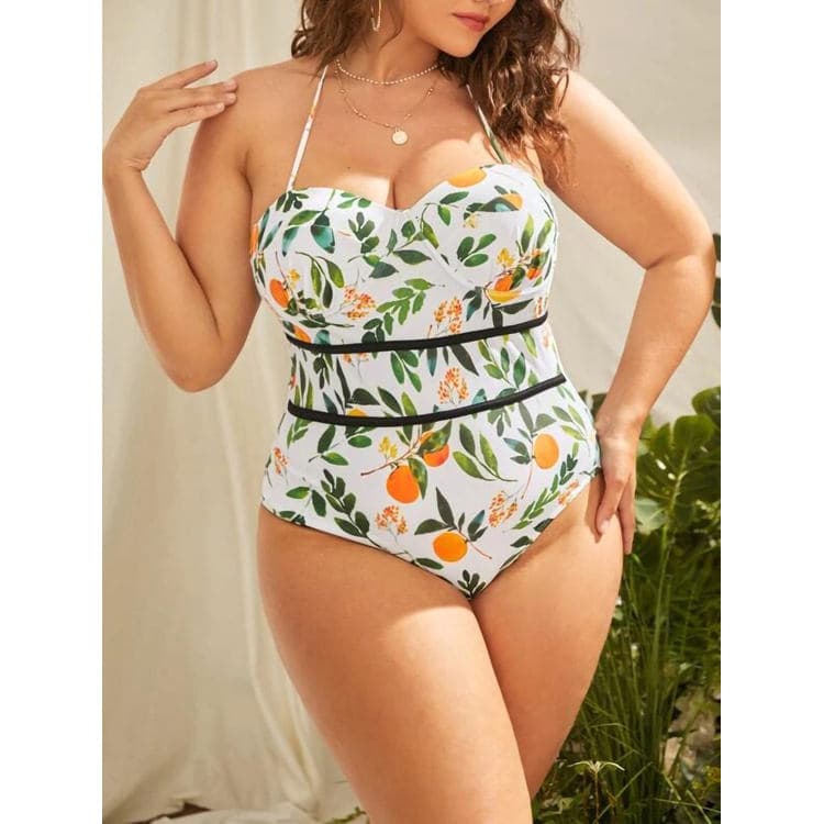 2023 Fashion Printed Sexy Big Breast Push up One Piece Large Size Slim Scarf Swimwear