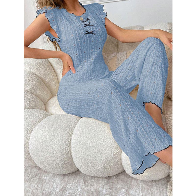 Lace Bow Pajamas Set Pure Color Pattern Pajamas Manufacturer Casual Home Clothes Factory Directly