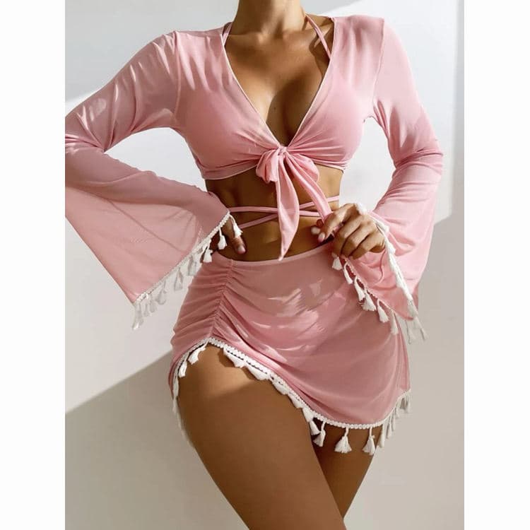 Pure Pink Fringe Four Piece Swimsuit Summer Swimming Bikini Hot Ladies Swimsuit
